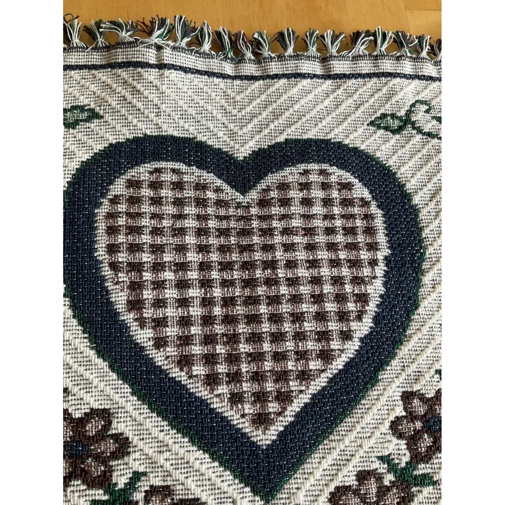 Set of 4 Woven Cotton Heart Floral Placemats Reversible Farmhouse Fringed India